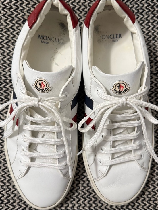 Moncler Shoes - Moncler Ariel Low Top White Leather Sneakers with Red & Blue Accents
